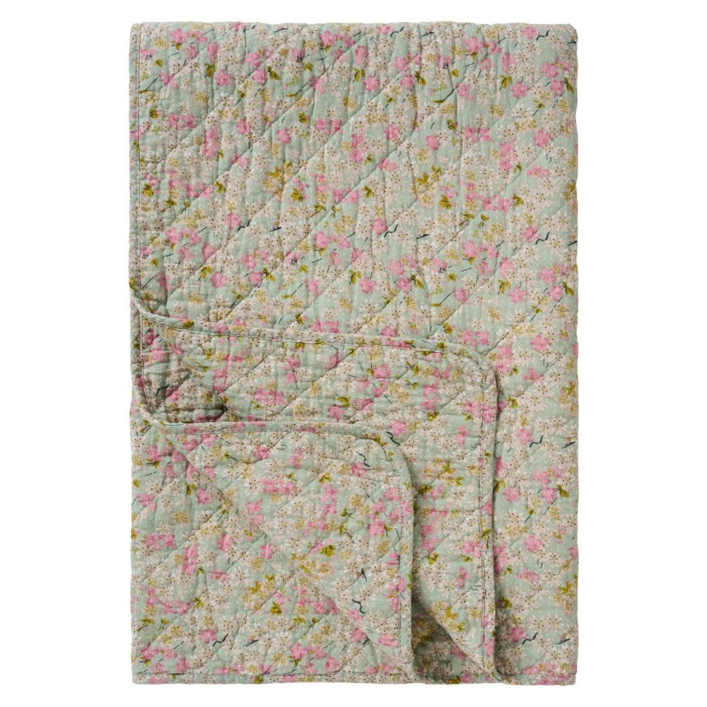 Ib Laursen - Quilt tæppe støvblå m/lyserøde, grønne og grå blomster