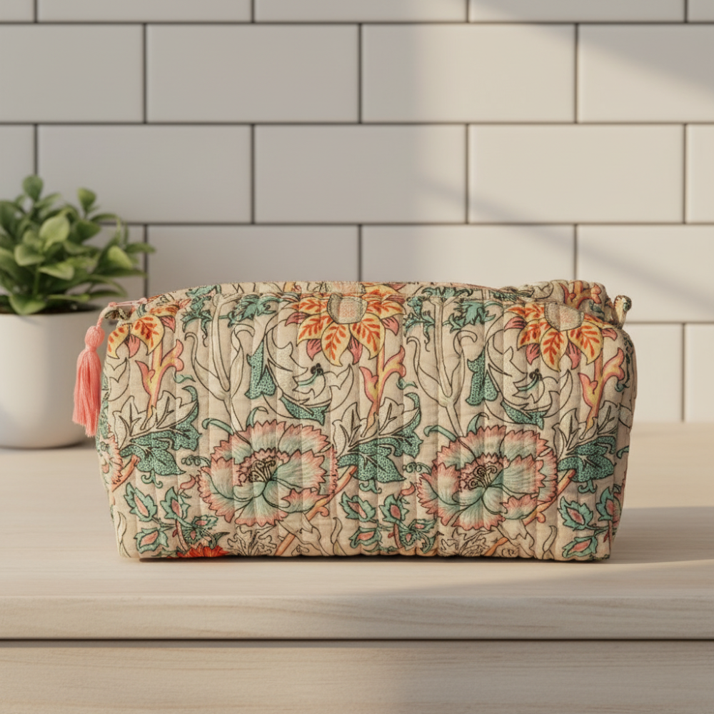 Au Maison Artisan Kosmetiktaske med pink kvast og blomster