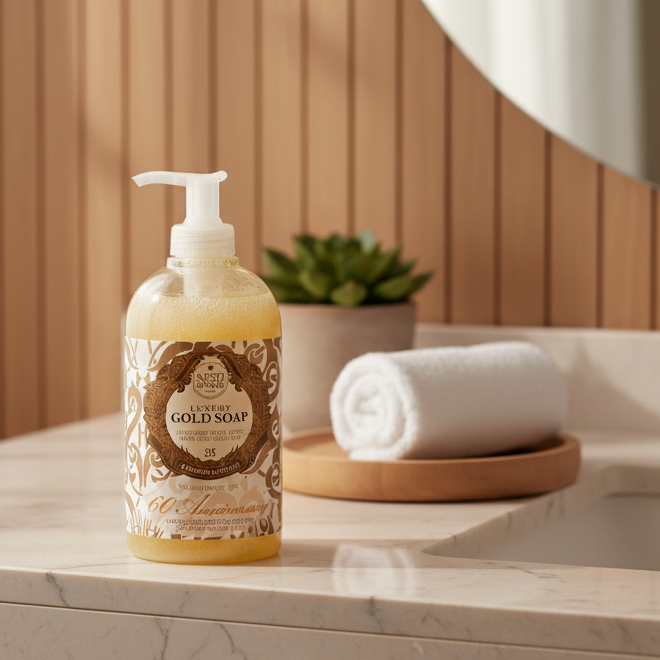 Flydende håndsæbe med guld i badeværelse