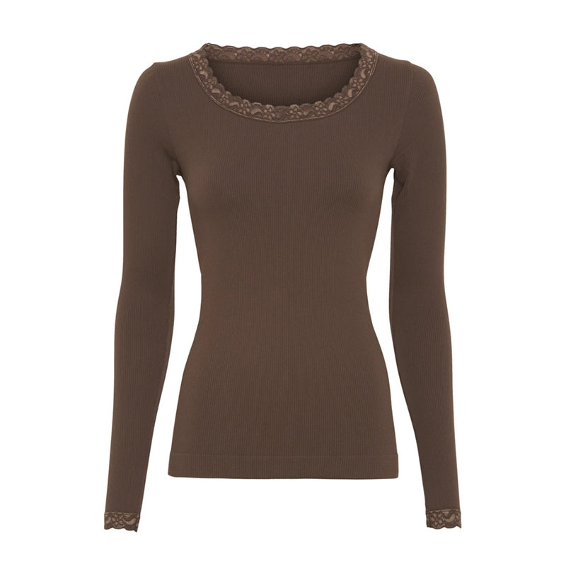 Frida rib bluse m/ blondekant - Noce