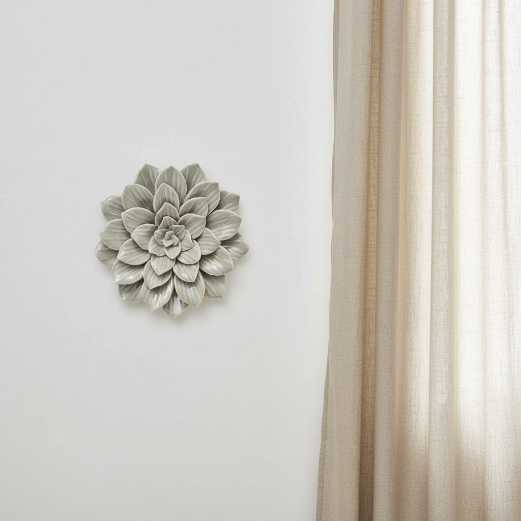 Keramik blomst – hvid væg med hørgardiner