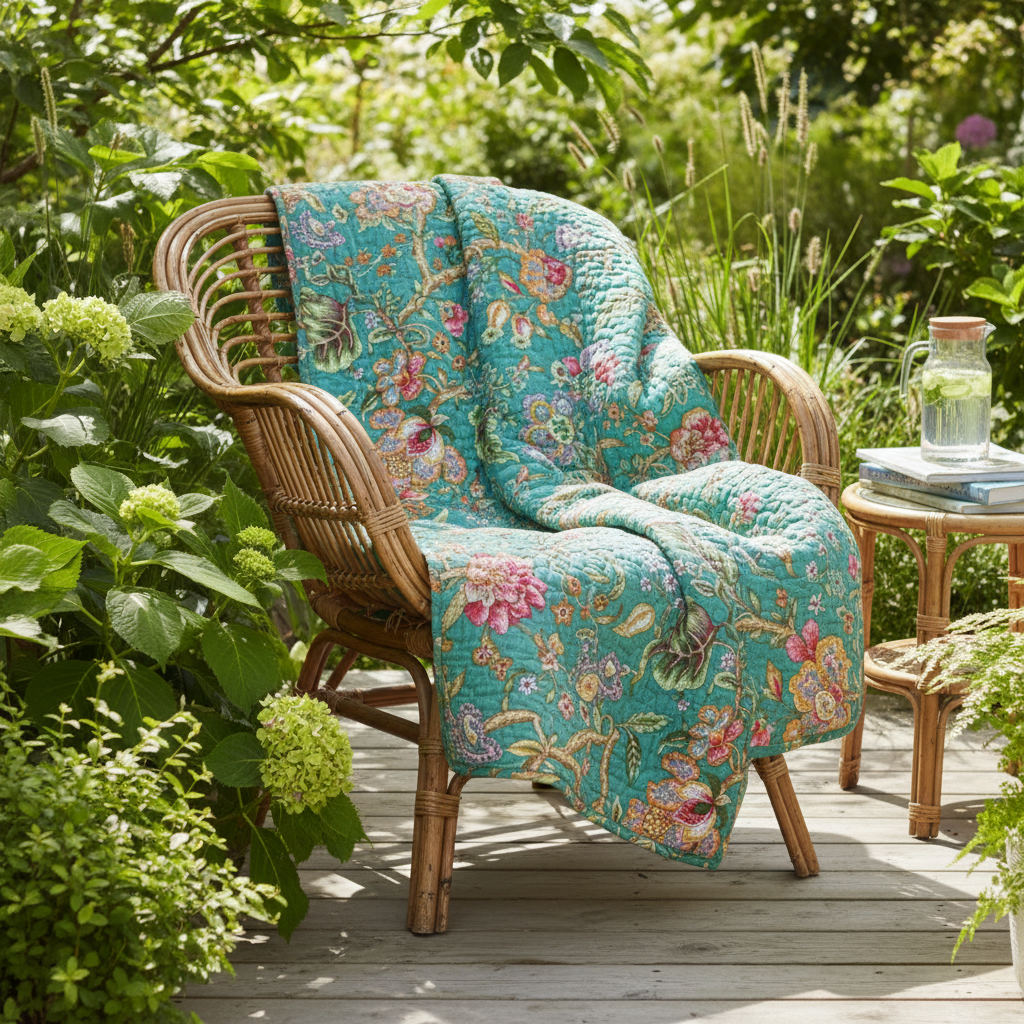 Quilttæppe på rattan kurvestol