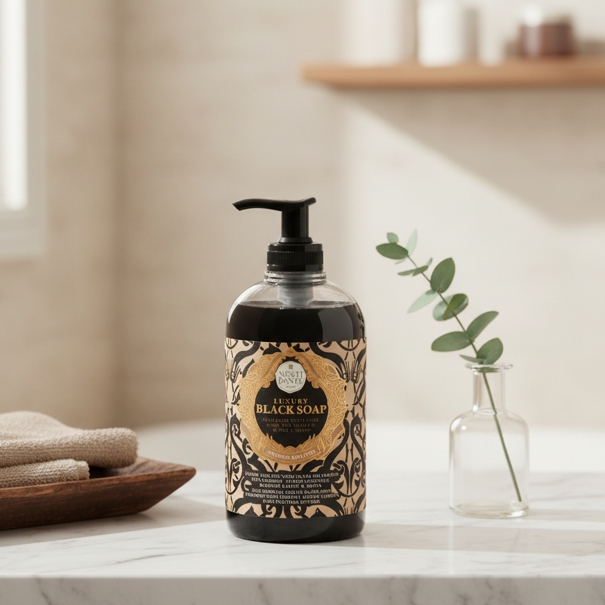 Sort flydende håndsæbe med kul i badeværelse