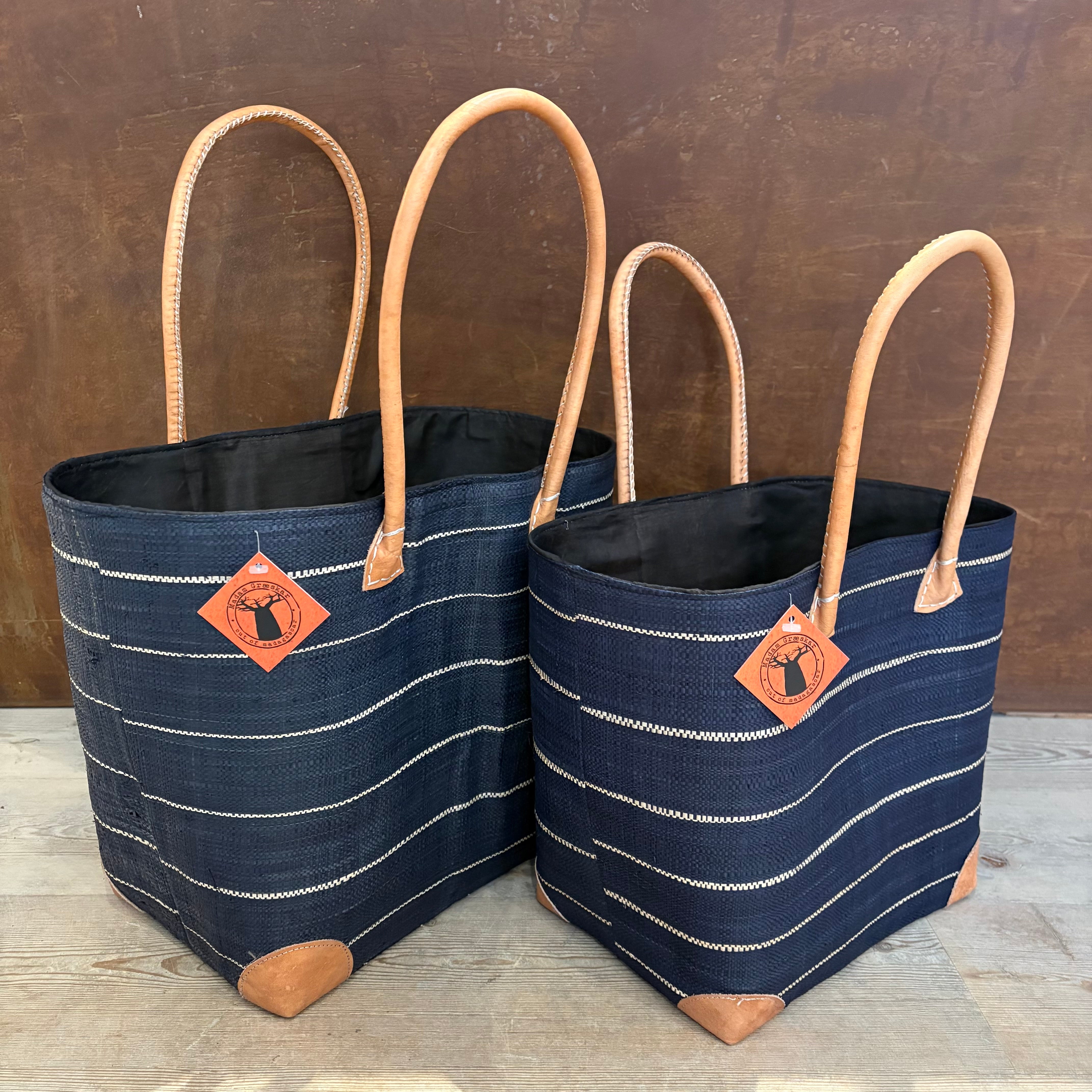 Madam Græskar - Blå strib kurvetaske m/ læder & foer