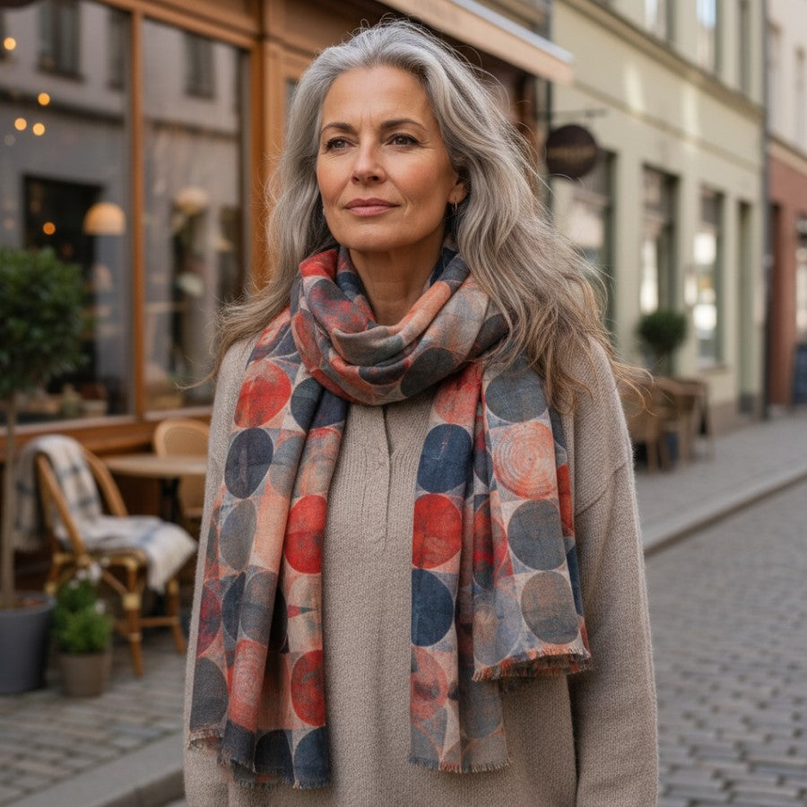 Aperitif uld og silke tørklæde med koral, grå og blå farver