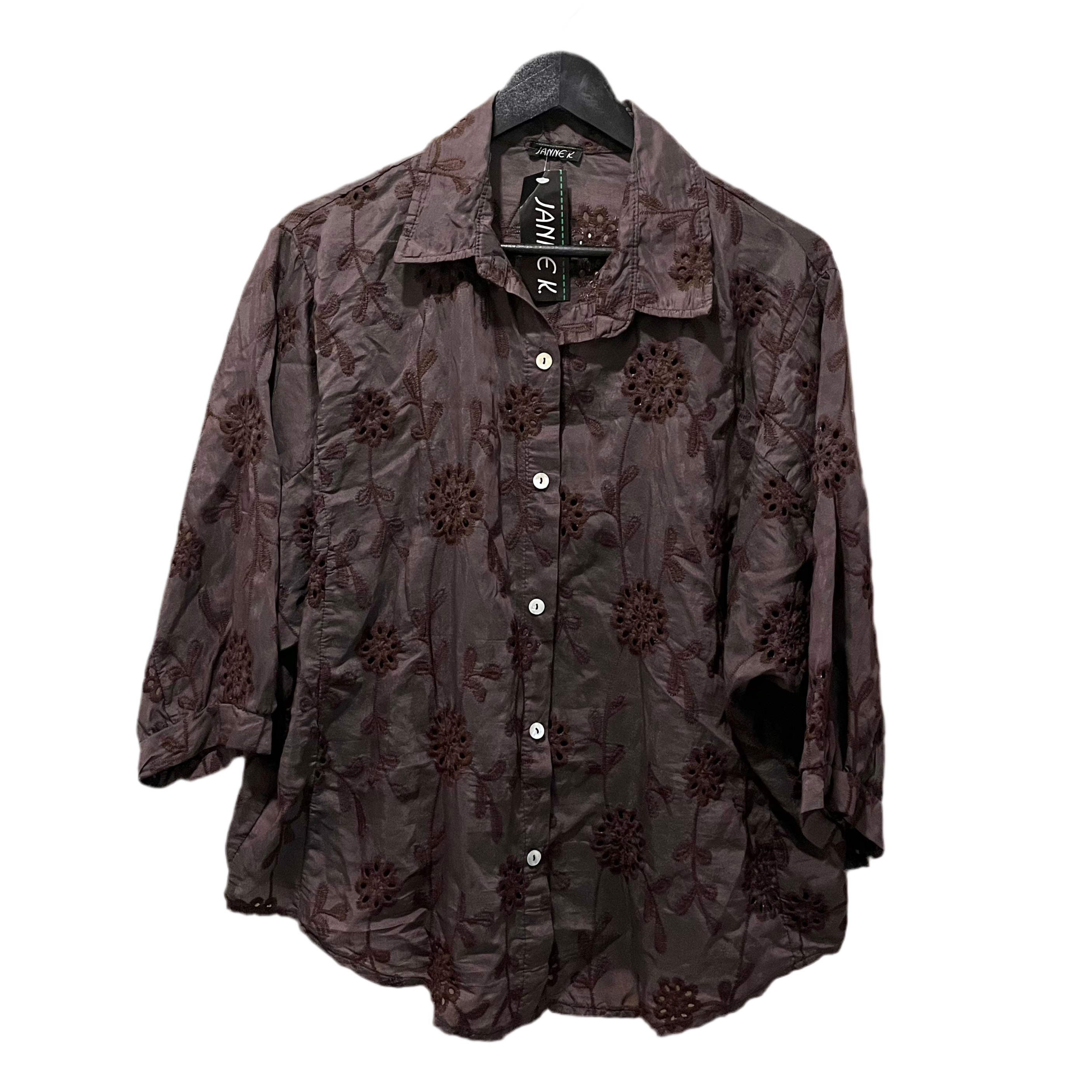 Janne K - Brun skjorte m/ blomster broderi