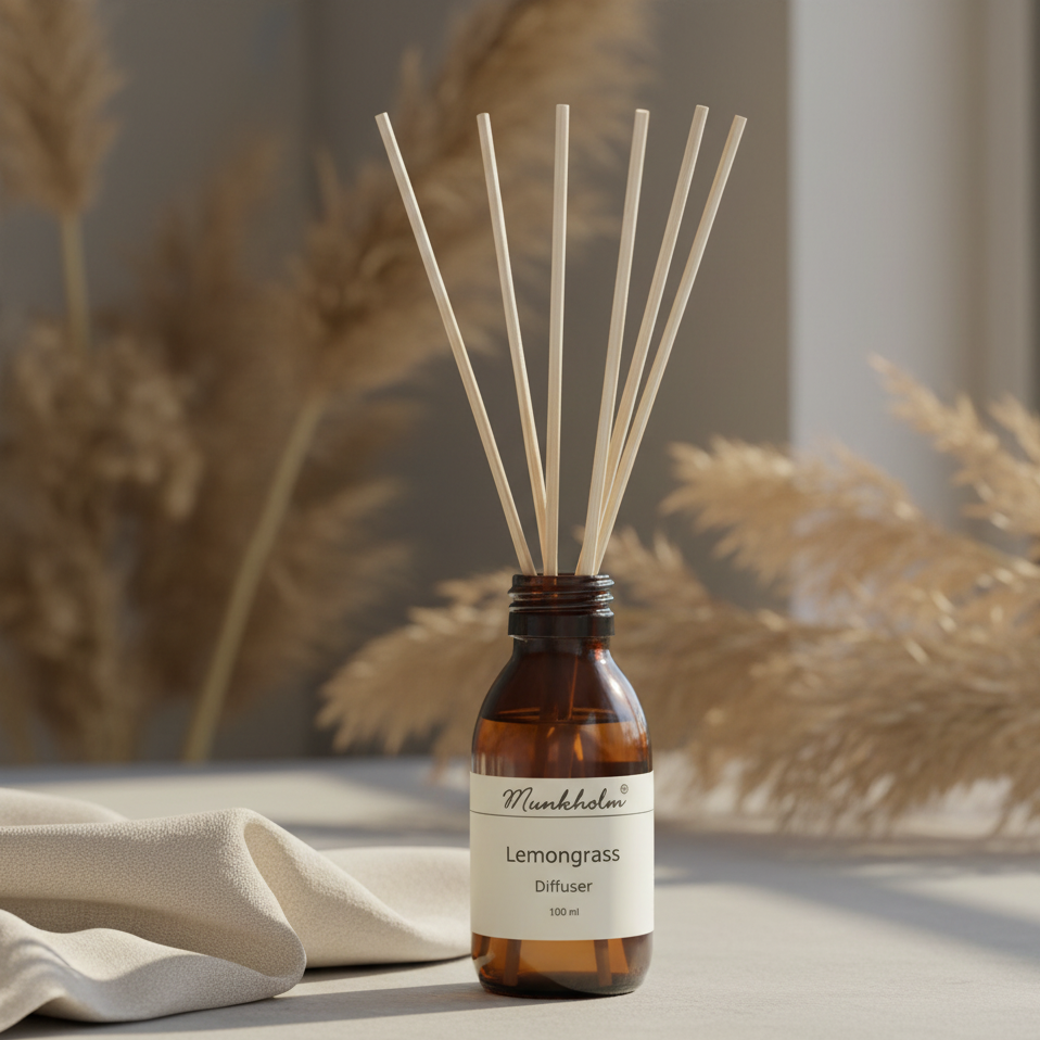Munkholm Lemongrass diffuser i Nordic spa setting