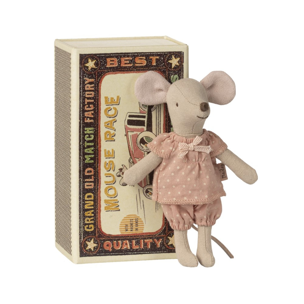 Maileg rosa pige mus i tændstikæske