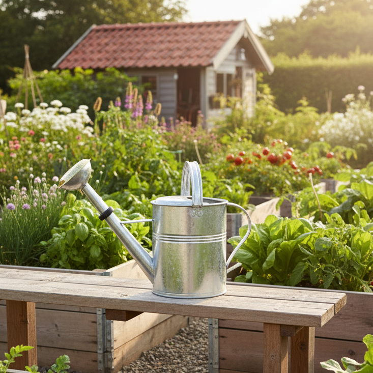 Plint Vandkande 5L på bænk i køkkenhave