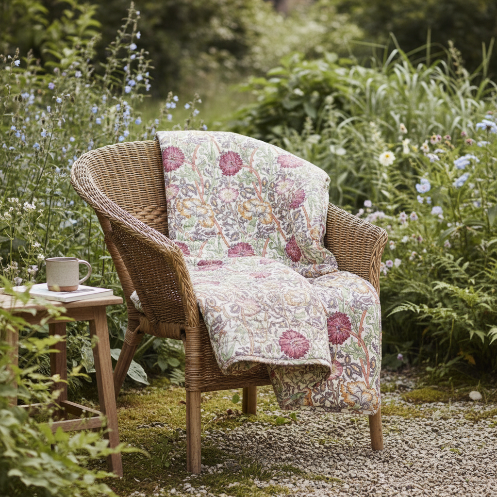 Quilttæppe på rattan kurvestol