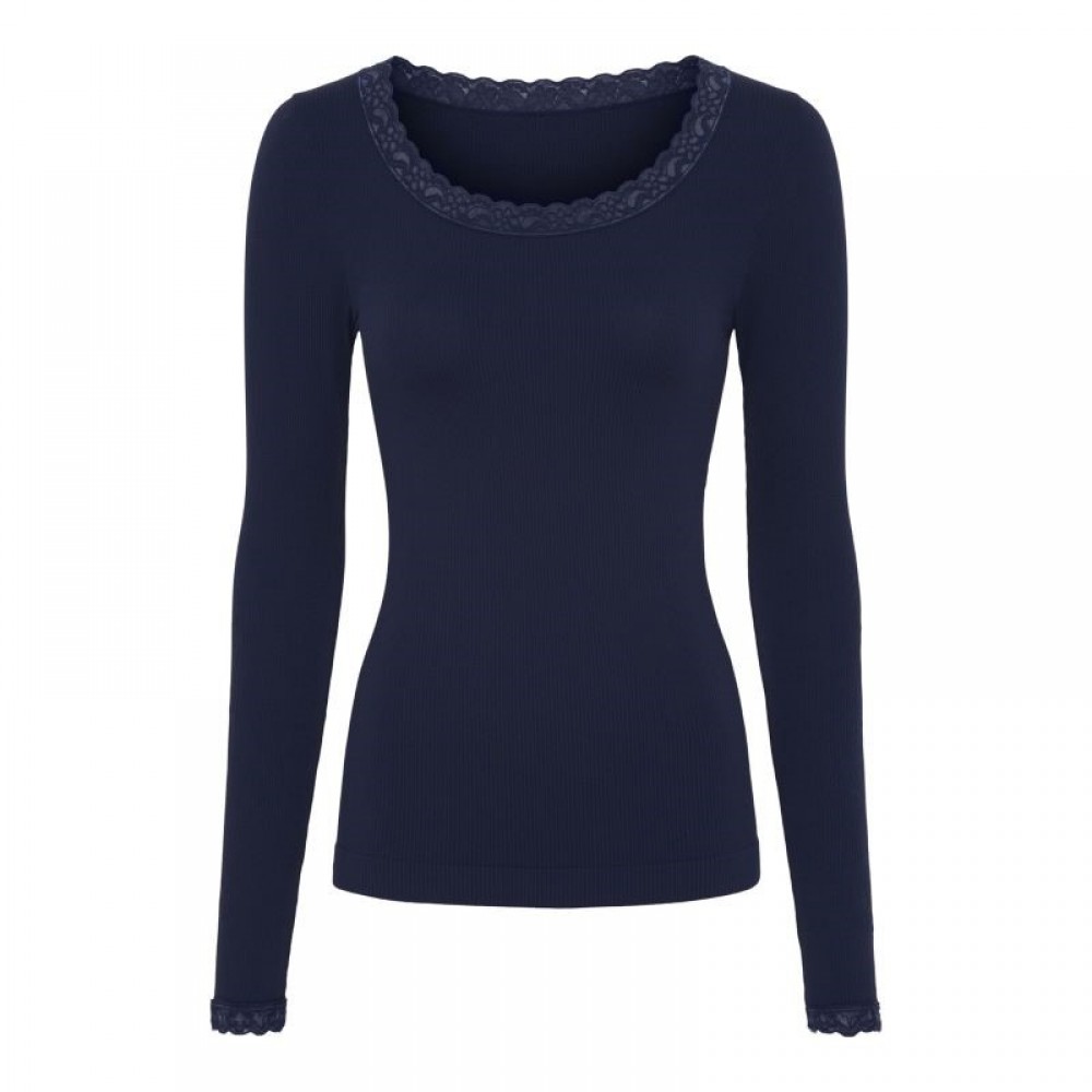 Frida rib bluse m/ blondekant - Marine