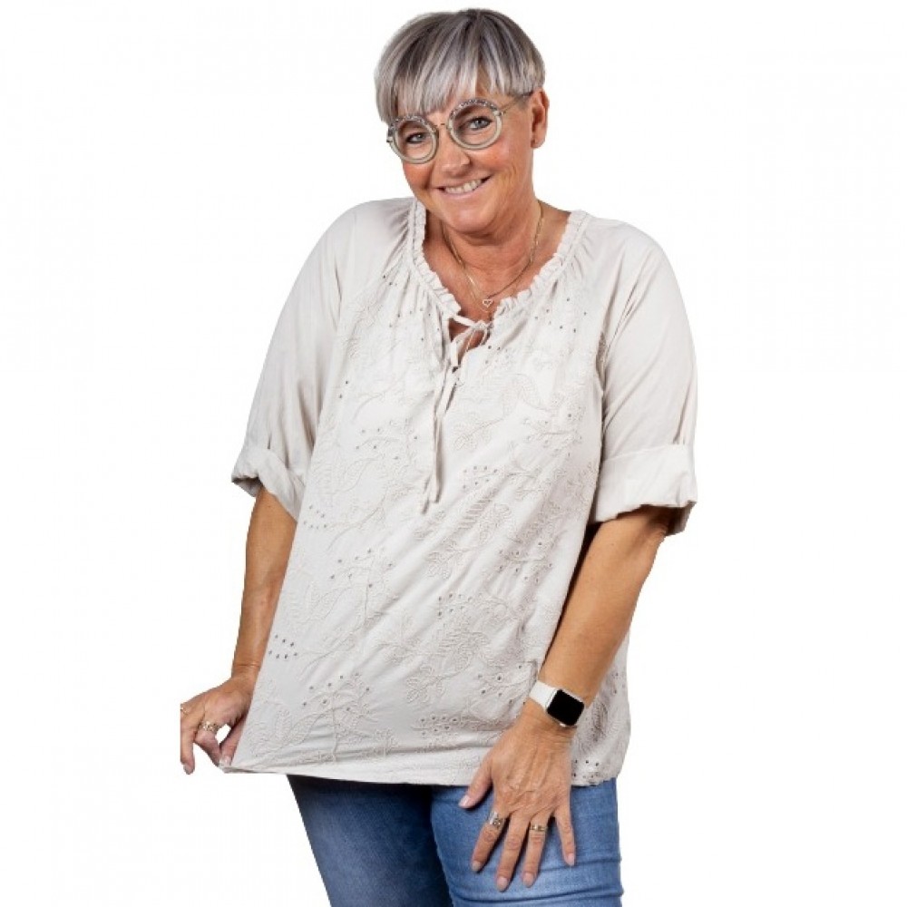 Janne K - Bomuldsskjorte broderi m/bånd sand