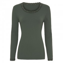 Frida rib bluse m/ blondekant - olive